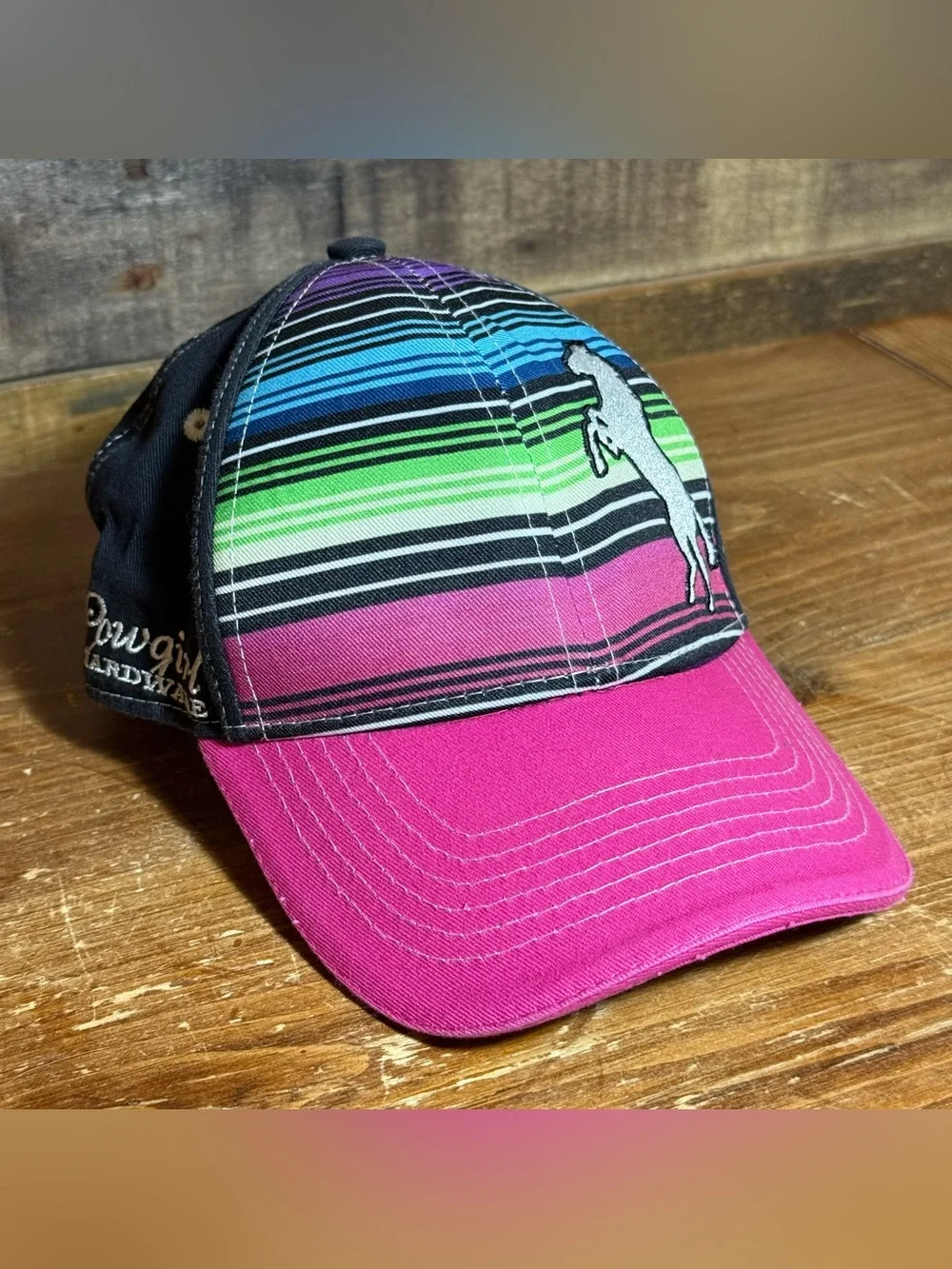 Kids Pink Brim Striped Horse Patch Baseball Cap